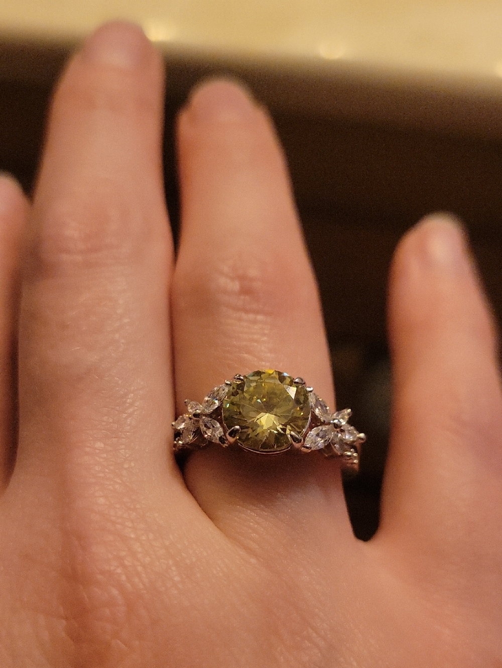 Silver Ring with Olive Green Center Stone and Accent Diamonds - Unbranded